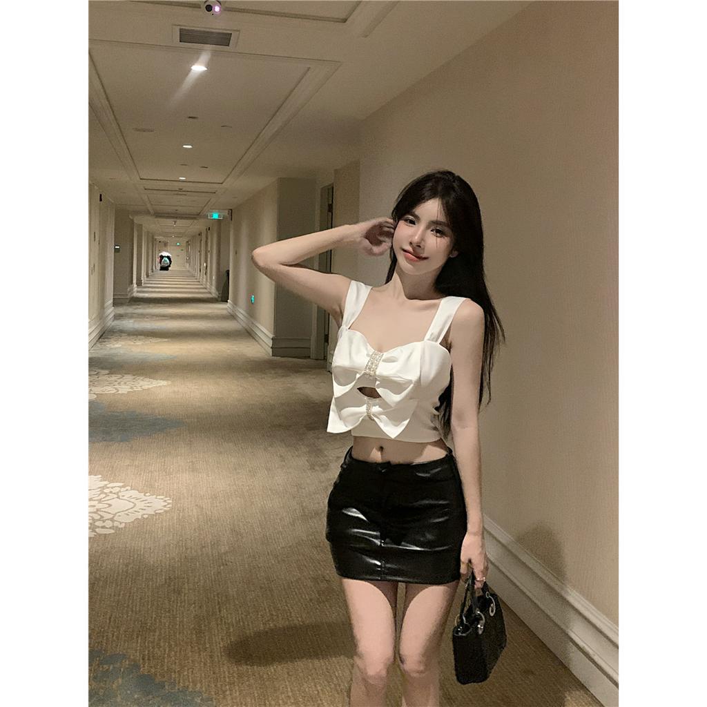 Áo Croptop Hai Dây Thắt Nơ Màu Trơn Thời Trang Mùa Hè Quyến Rũ Cho Nữ