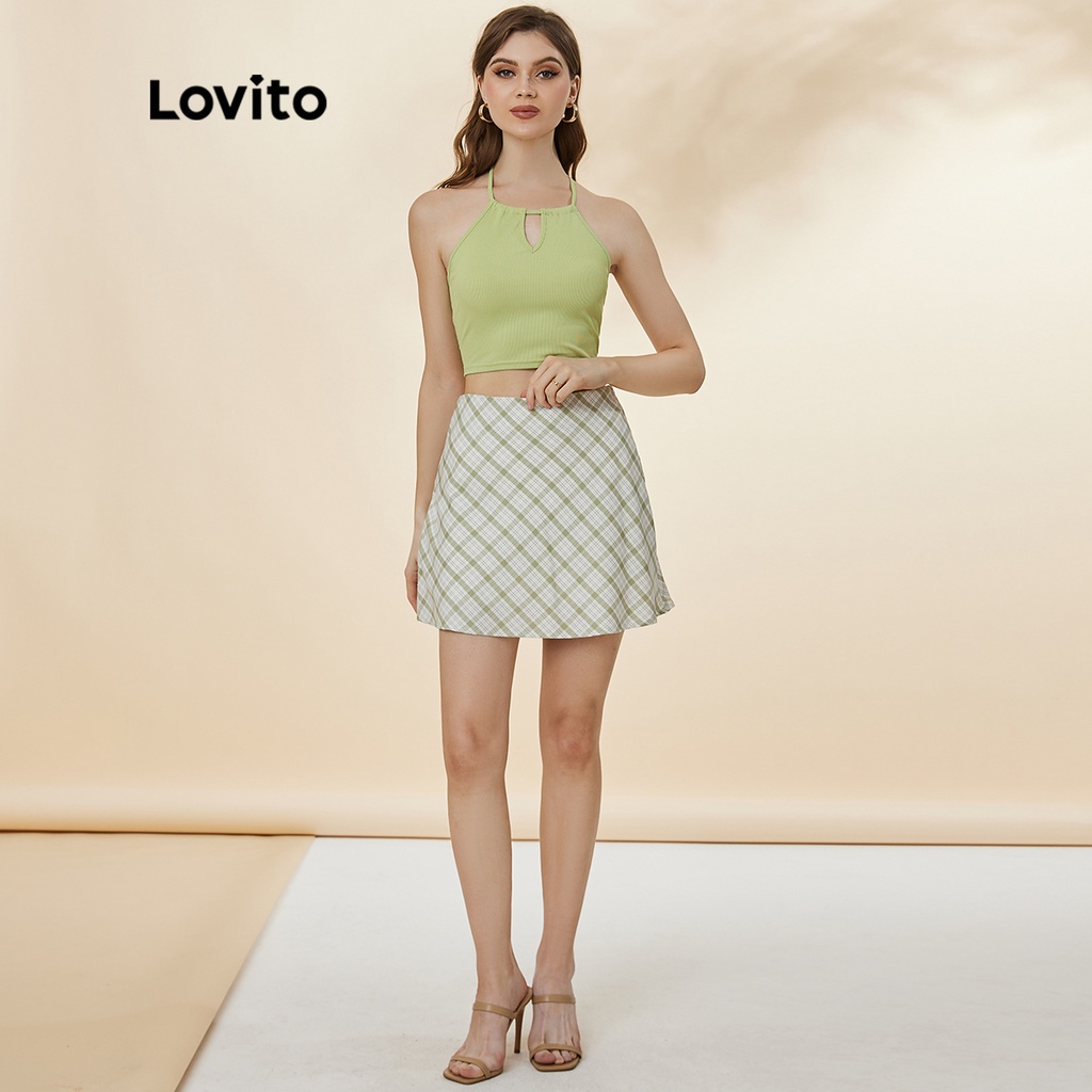 Áo sát nách Lovito thiết kế dây yếm đeo cắt xẻ phong cách cơ bản trơn màu L19D393 (màu xanh lá)