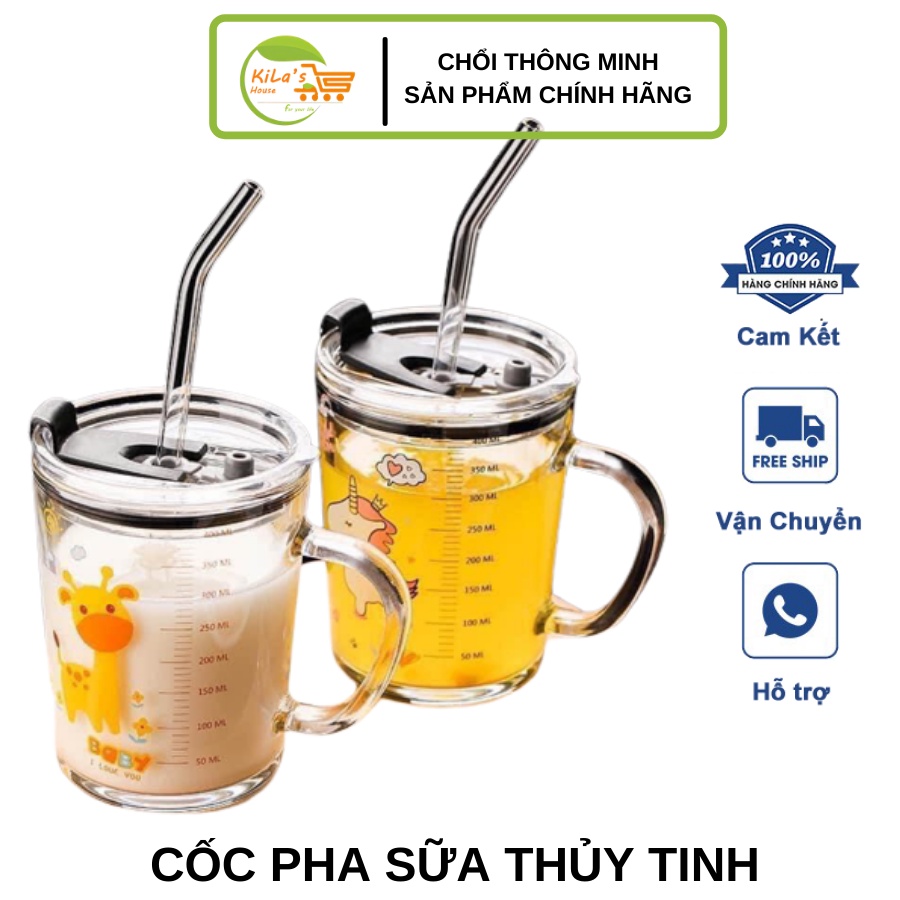 Cốc Pha Sữa Thủy Tinh Chia Vạch Siêu Tiện Lợi Có Nắm Và Ống Hút Cho Bé