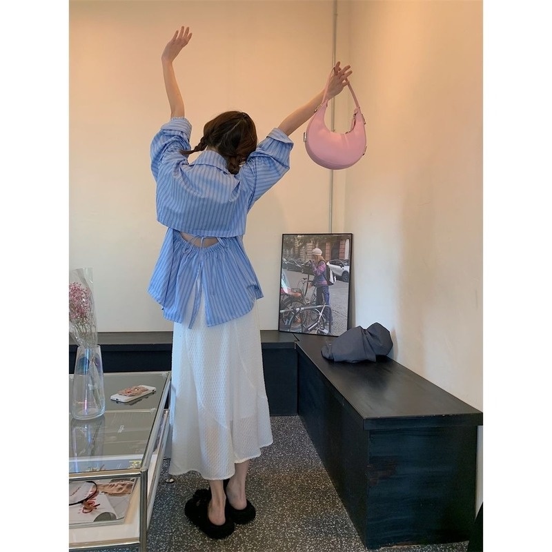 Áo Sơ Mi Tay Dài Hở Lưng Họa Tiết Sọc Thời Trang Cho Nữ