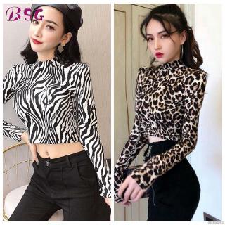 Áo Crop Top Nữ Tay Dài Họa Tiết Da Báo