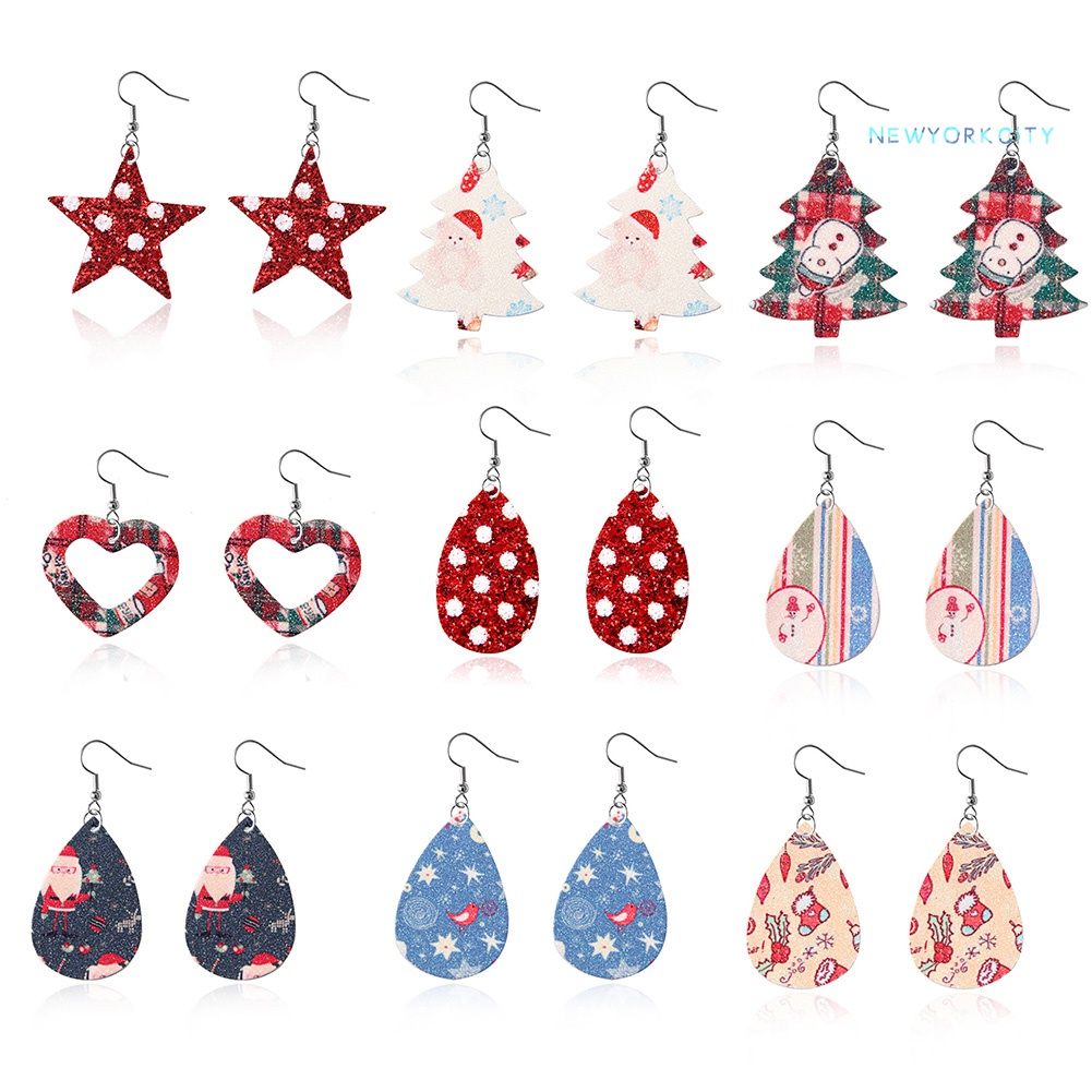 Khuyên Tai Giả Da Hình Giọt Nước Họa Tiết Cây Giáng Sinh Thời Trang
