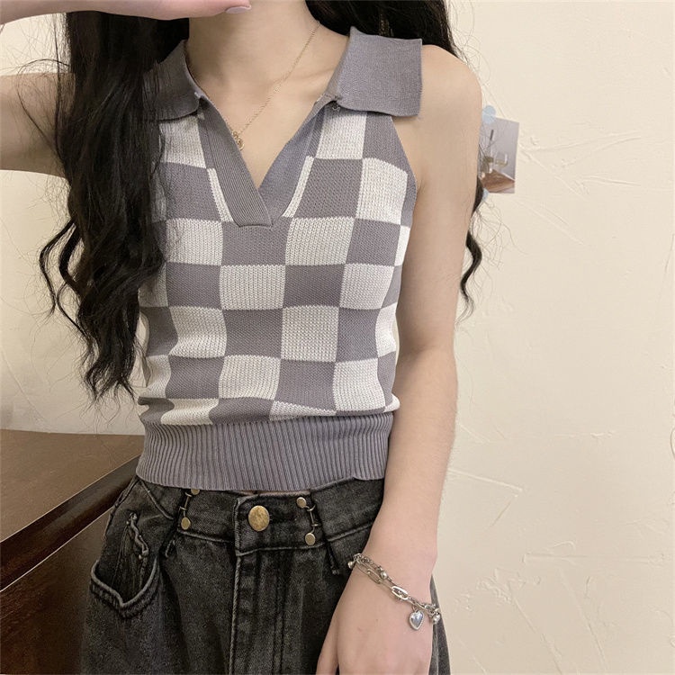 Áo Hai Dây Dệt Kim Họa Tiết Kẻ Sọc Phong Cách Retro Hàn Quốc Cho Nữ