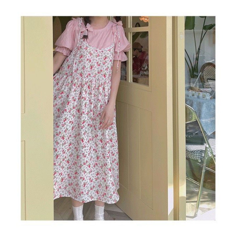 Set Áo Sơ Mi Tay Phồng Ngọt Ngào + Đầm Hai Dây Dáng Rộng Phối Ren Hoa Thời Trang Mùa Hè Hàn Quốc Xinh Xắn Cho Nữ