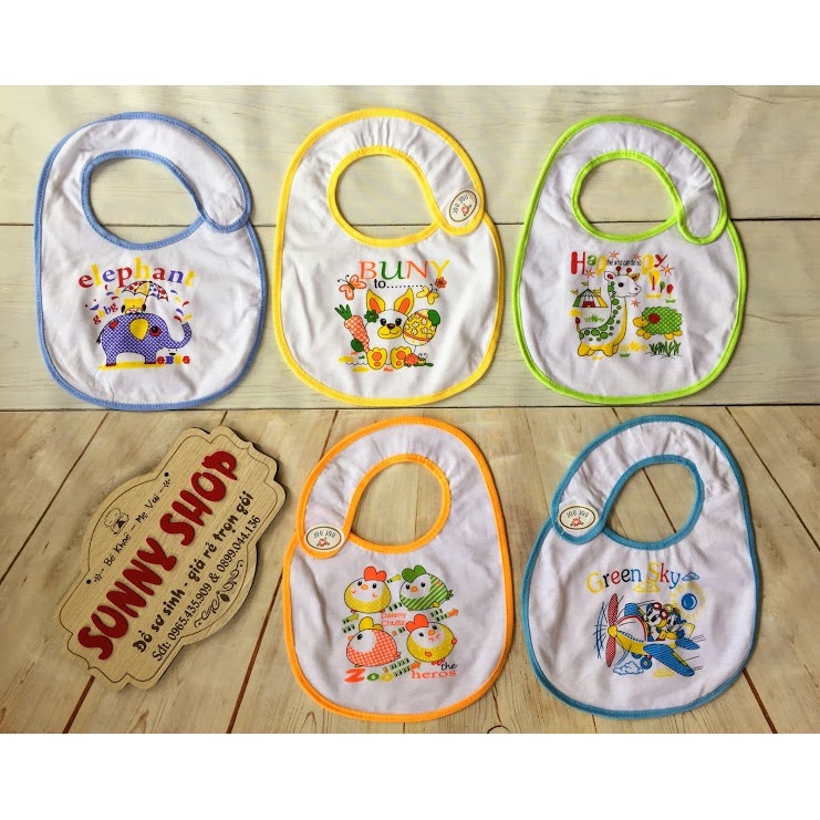 Set 5 Yếm DÁN sơ sinh Minh Hoàng 1 mặt ni-lông chống thấm và 1 mặt vải cotton