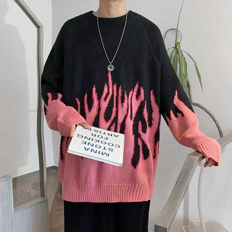 Áo sweater len nam nữ form rộng ngọn lửa xanh đen, áo sweater nam unisex màu đen thời trang ulzzang hàn quốc