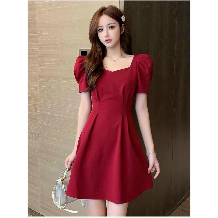 Đầm tay phồng cổ vuông xếp ly eo 2 màu