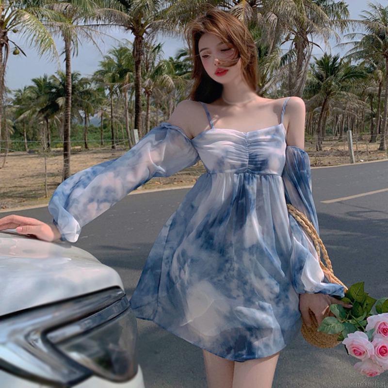 Đầm Hai Dây Tay Dài Dáng Rộng Trễ Vai Màu Nhuộm Kiểu Pháp Thời Trang Cho Nữ