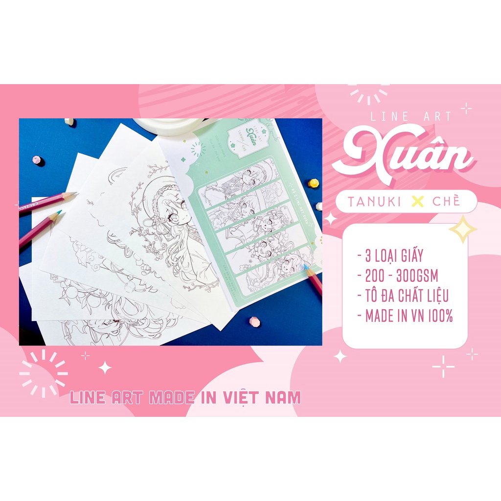 Set giấy line art tập tô màu Tanuki x Chè &quot;Xuân&quot;