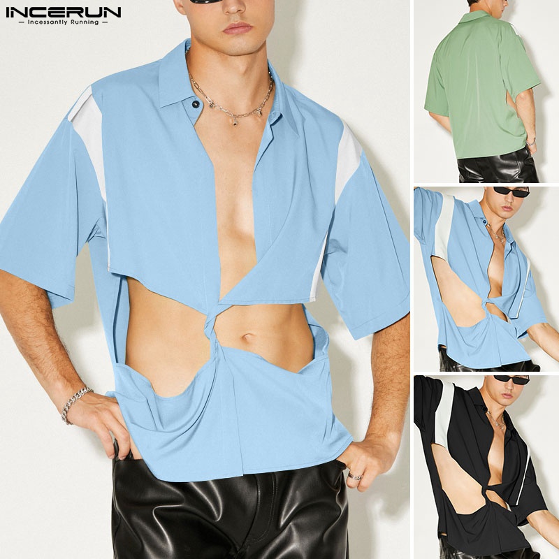 Áo sơ mi INCERUN tay ngắn dáng rộng thiết kế cắt lỗ thời trang cá tính cho nam