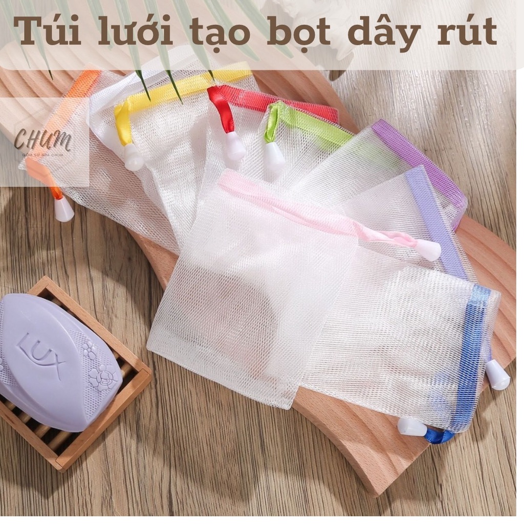 túi lưới tạo bọt , túi lưới dây rút đựng xà bông , xà phòng tắm rửa chumdecor TE2