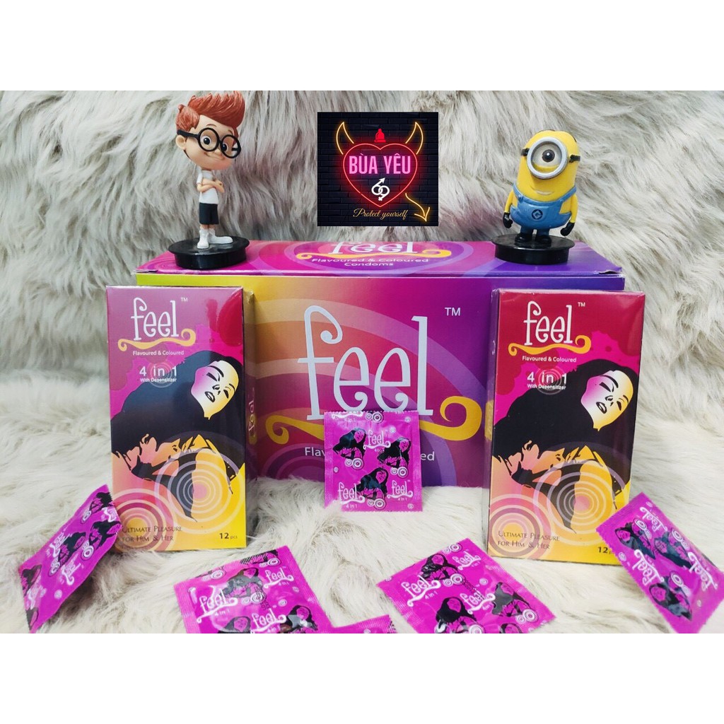 COMBO 2 Bao cao su Gai Feel 4 in 1  gân gai kéo dài thời gian - Hương dâu,Hộp 12 bao,Sự kết hợp hoàn hảo