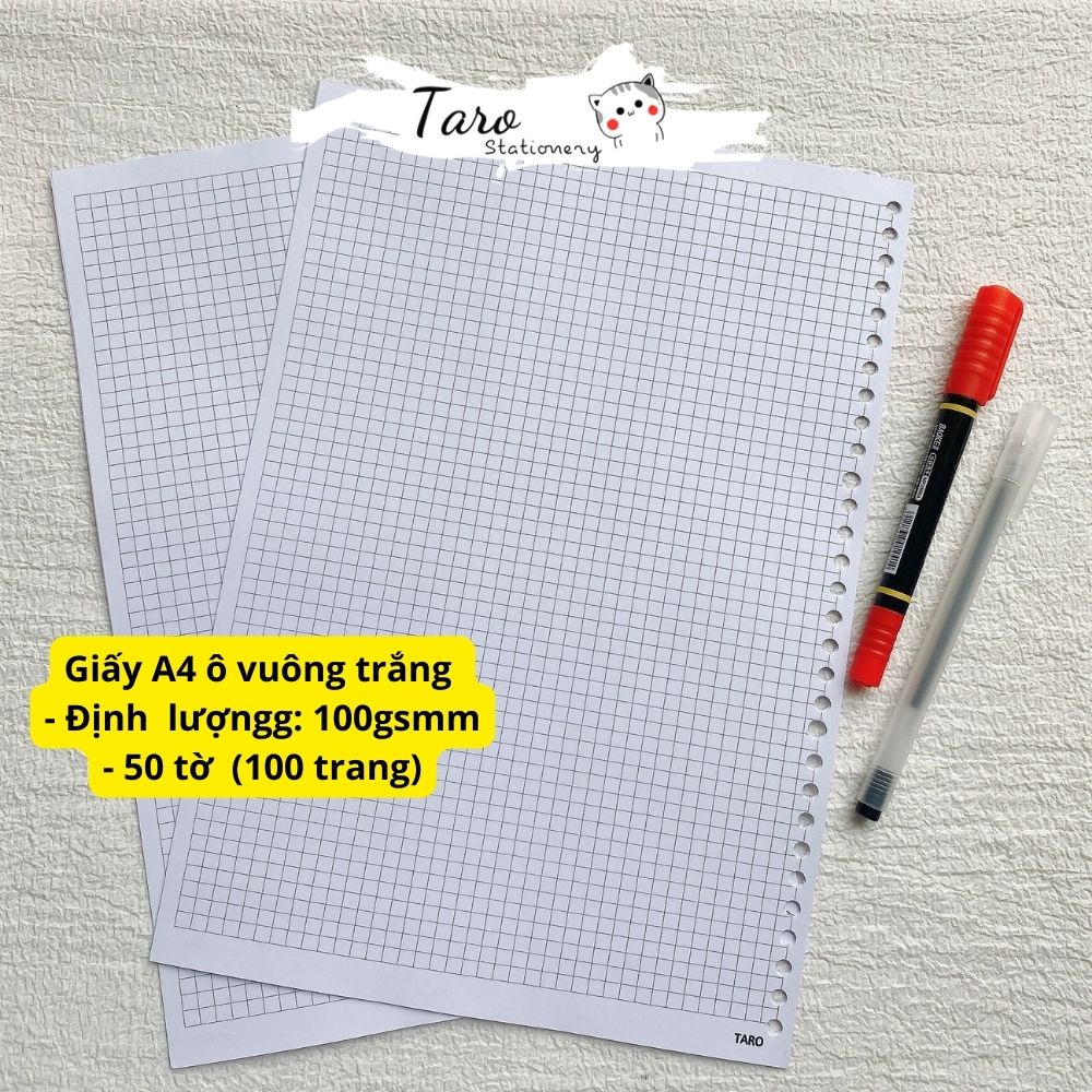 Ruột sổ còng giấy refill 100gsm 20 26 30 lỗ A5 B5 A4 100 trang Taro Stationery