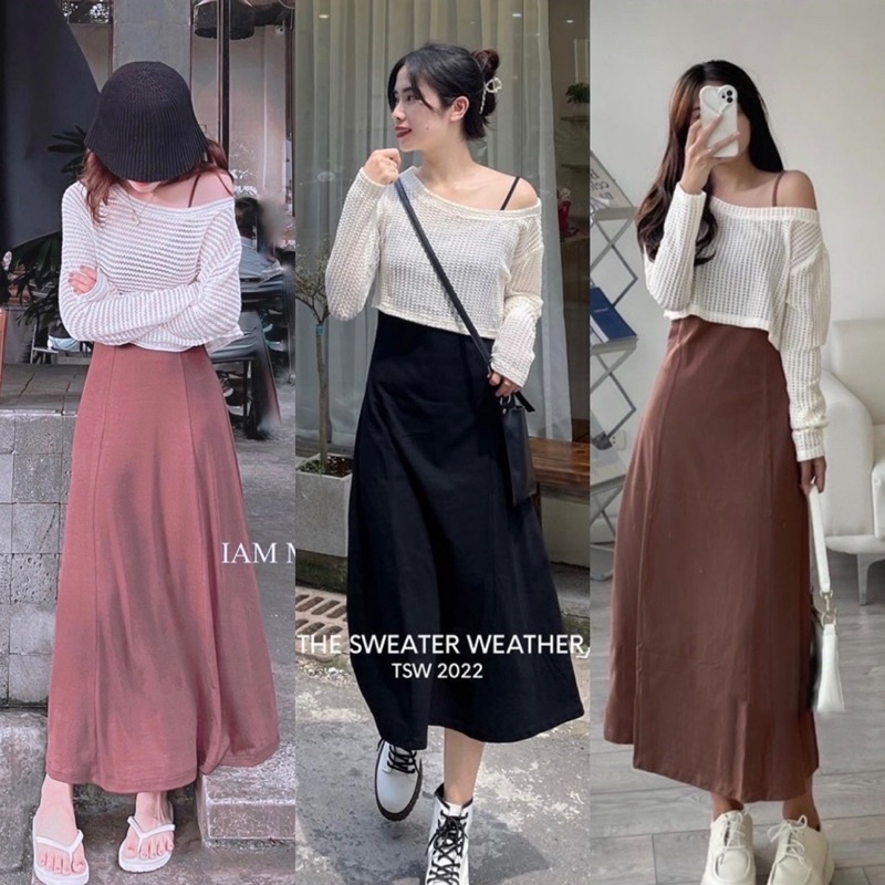 Set đầm 2 dây midi trơn + áo croptop lưới lệch vai