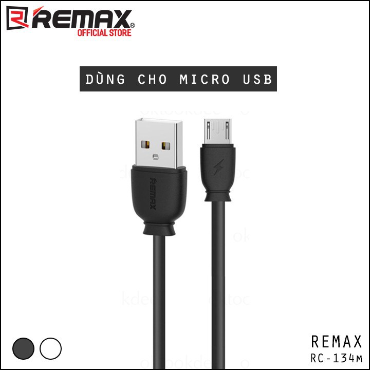 Cáp sạc nhanh Remax RC-134m cổng MicroUSB dài 1 mét max 2.1A (TRẮNG/ĐEN)