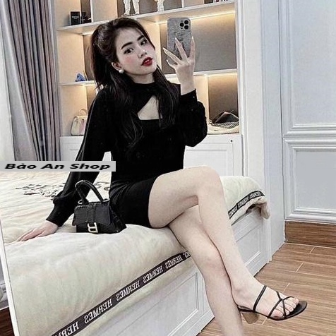 Sét áo khoác tà xéo + đầm 2 dây