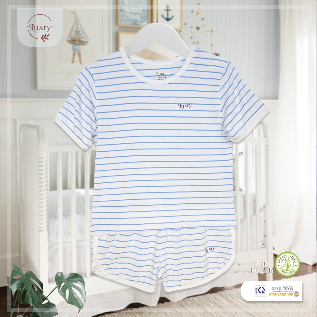 Bộ quần áo cộc tay cài vai quần xẻ kẻ sọc Luxry chất vải sợi tre cho bé từ 9 tháng đến 5 tuổi