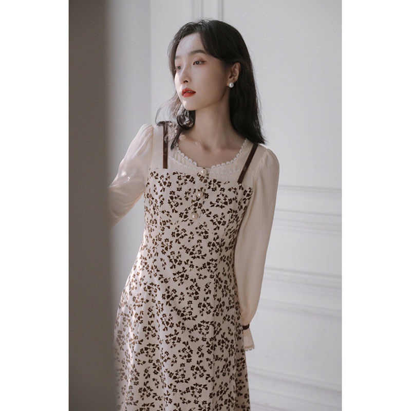 Đầm Váy Midi của phụ nữ Mùa xuân dài tay Áo cổ điển Hoa Thời trang Thường Thanh lịch Váy hoa Giả hai mảnh váy