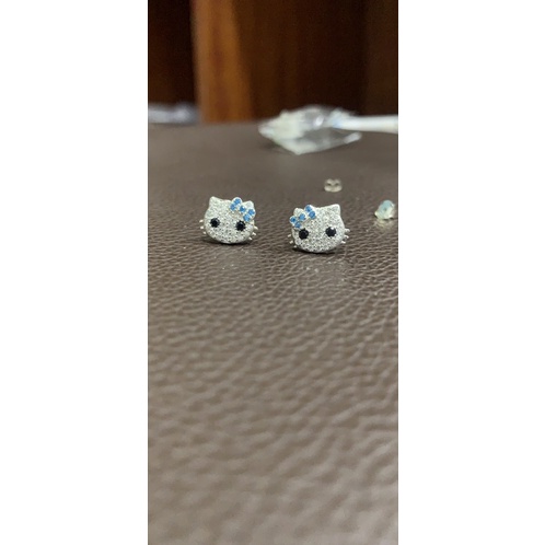 Khuyên tai mè Kitty nơ xanh dương bạc thật NGỌC MẬU