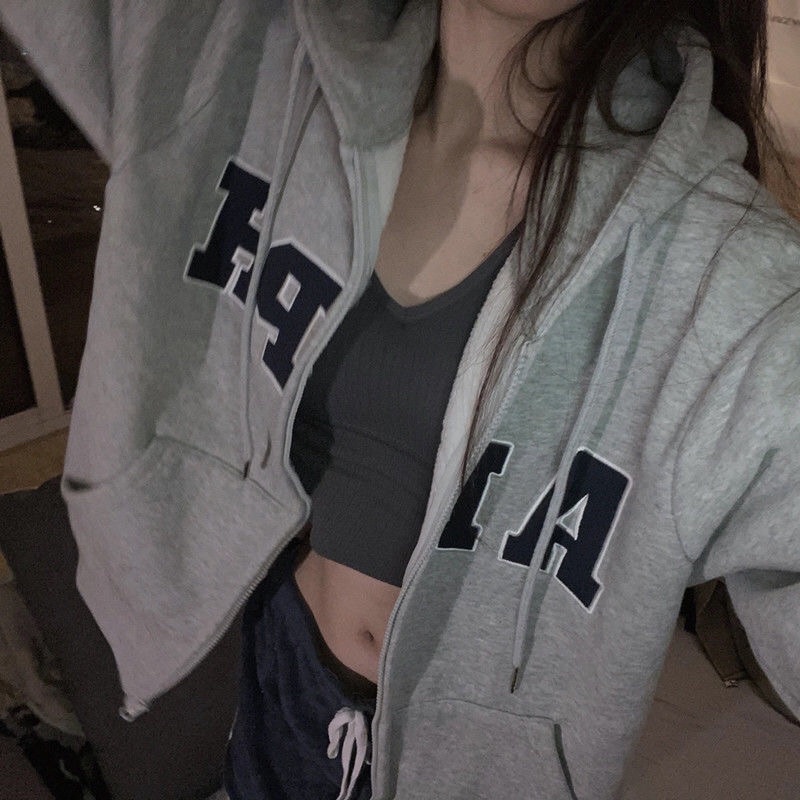 Áo khoác hoodie zip có mũ AHPH nỉ bông dáng rộng ulzzang
