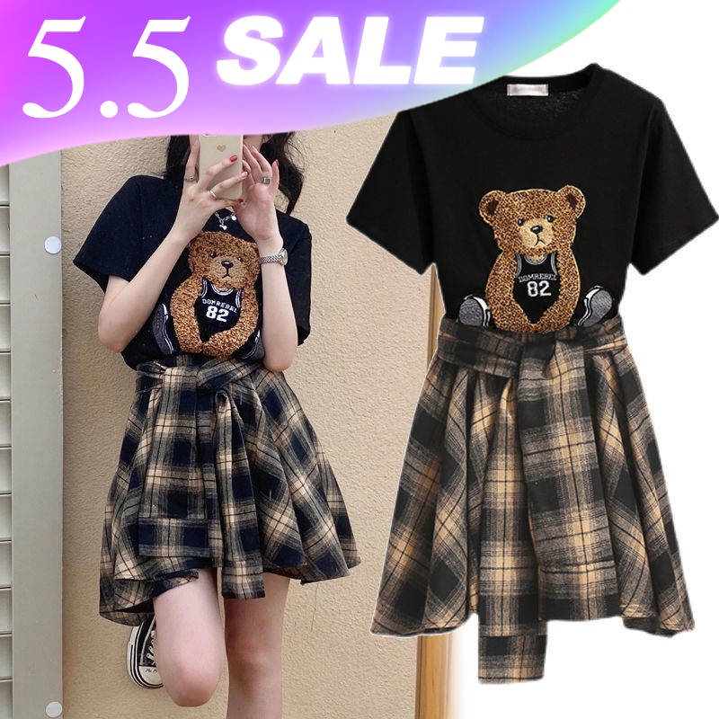 Bộ Áo Thun In Hình Gấu + Chân Váy Xếp Ly Họa Tiết Caro Thời Trang Mùa Hè Cho Nữ
