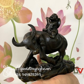 [Tượng đá con trâu] Tượng đá trang trí mục đồng cưỡi trâu - Chiều cao 17cm - Màu nâu đen