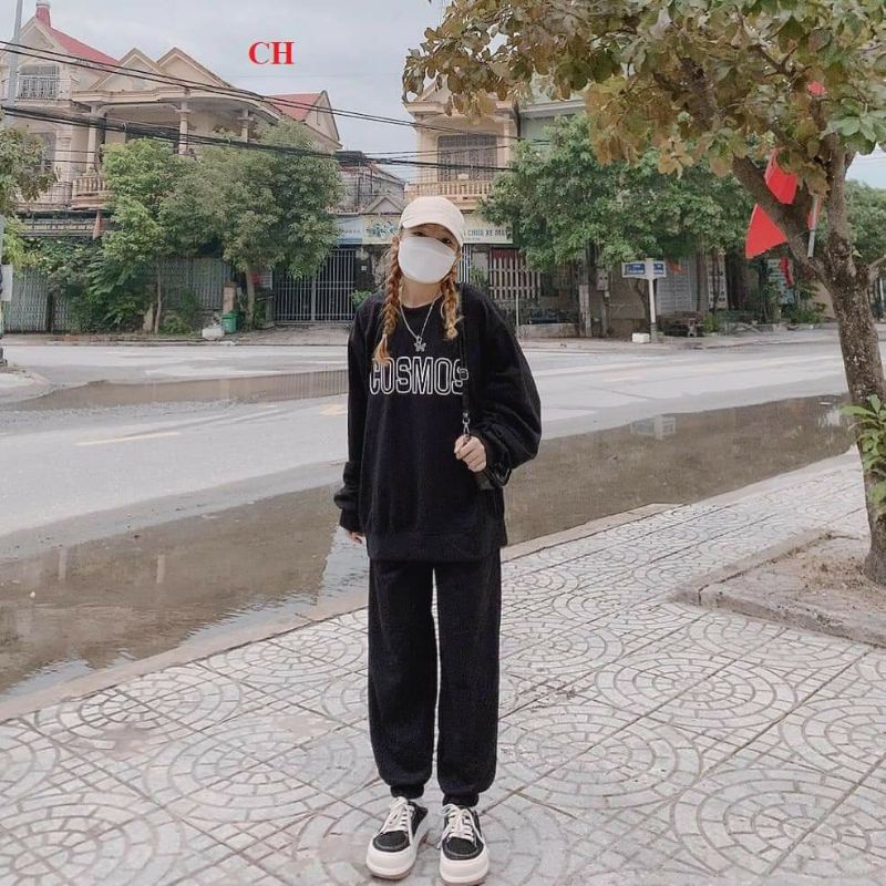 Sét Bộ thu đông nam nữ SWeater ComBus; Vòng tròn Ulzzang tay bồngÁo thun dài tayĐồ mặc nhà 2021