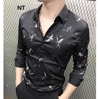 Áo sơ mi nam họa tiết chim én 2 màu đen trắng free size 50-75kg