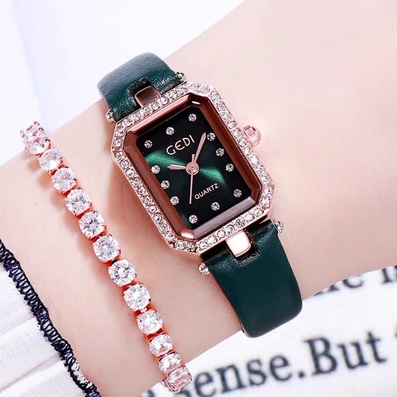 Đồng hồ nữ, GEDI mặt đính đá dây da bền đẹp sành điêu siêu xinh kích thước mặt đồng hồ 28mm