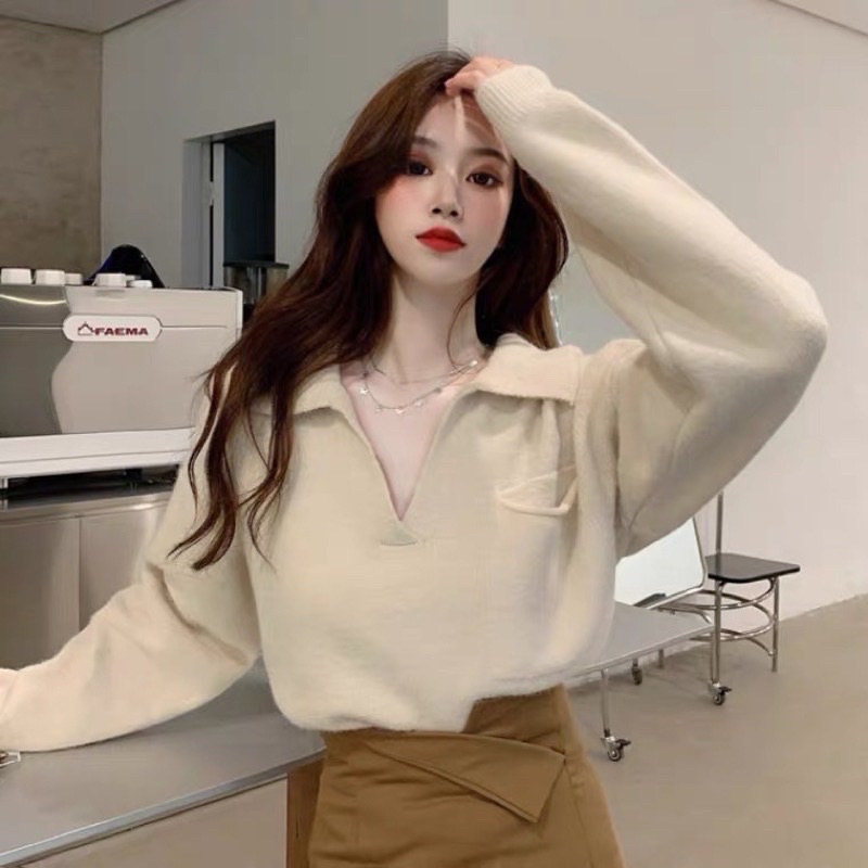 [CÓ SẴN+ẢNH THẬT] Áo len nữ form rộng cổ V mix túi ngực mẫu 2021 | BigBuy360 - bigbuy360.vn