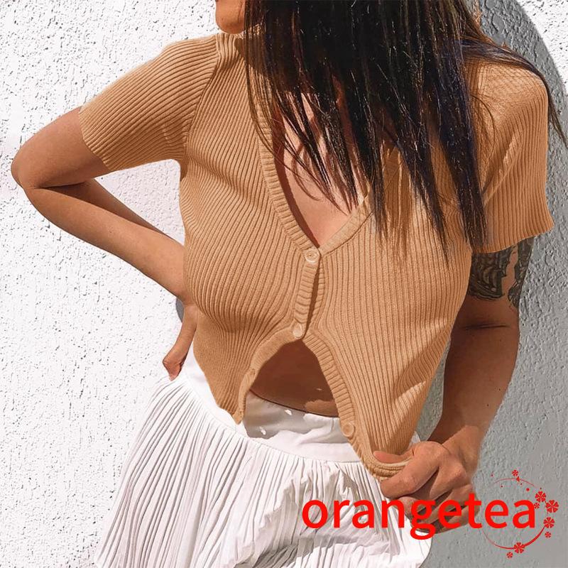 Áo Croptop Dệt Kim Tay Ngắn Cổ Chữ V Màu Sắc Trẻ Trung Xinh Xắn Dành Cho Nữ