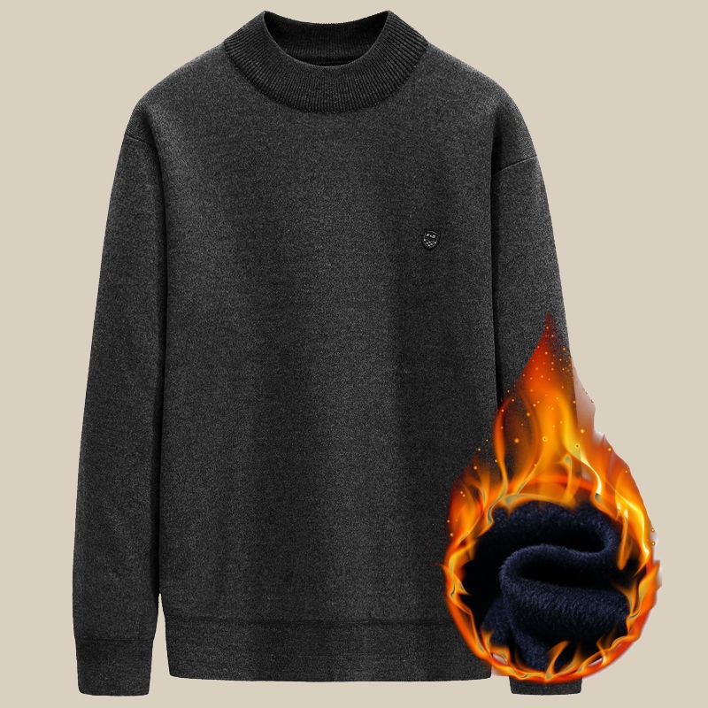 Áo sweater dệt kim cổ tròn tay dài vải lót nhung dày ấm áp thời trang thu đông cho ba/ông/người trung niên và lớn tuổi