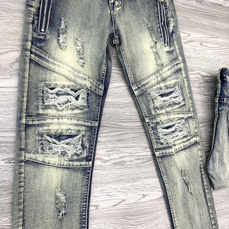 Quần jean bò nam skinny wash bụi bặm khoá zip dọc đùi phối gối rách tua chỉ phong cách đường phố QJ139P