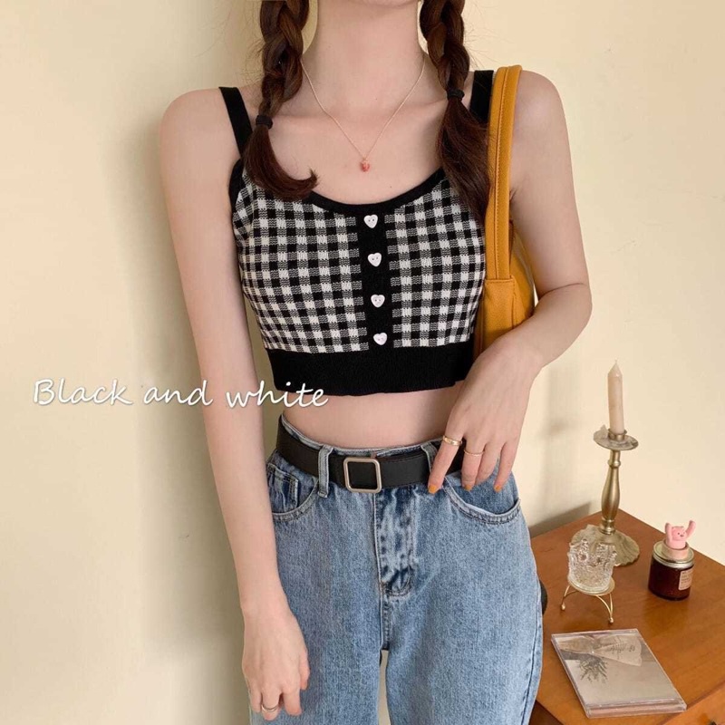 Áo hai dây croptop kẻ caro