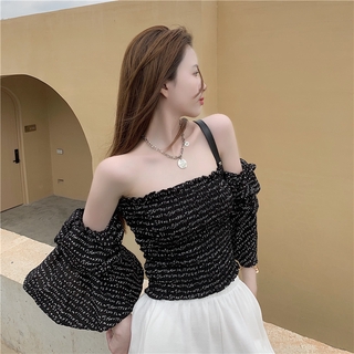 Áo Trễ Vai Tay Phồng In Chữ Thời Trang Cho Nữ