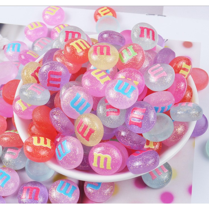 Charm Kẹo M&amp;M Nhũ Nhiều Màu Dùng Trang Trí Nút Áo Ốp Điện Thoại Jibbitz Slime DIY