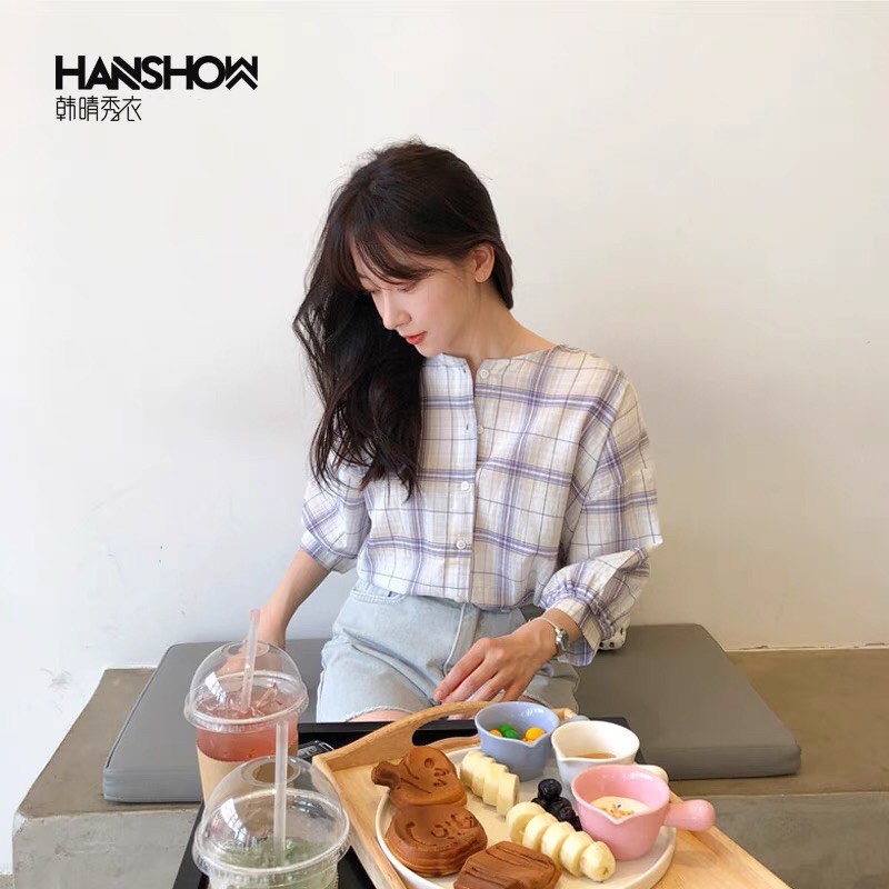 Áo sơ mi kẻ nữ cổ tàu style ulzzang