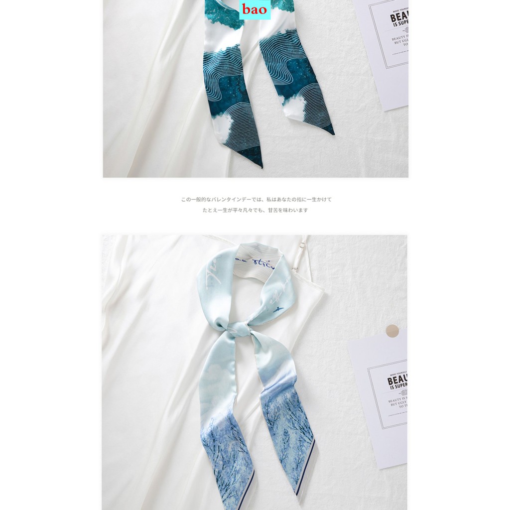 Vintage Blue Long Silk Scarf Female Summer Hair With Ribbon Tied Tie Rope Kit Floating Tissue Scarf Scarf