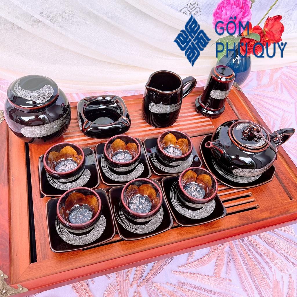 Bộ Ấm Chén Uống Trà 🎁 Gốm Sứ Bát Tràng 🎁 Ấm Trà Quai Sứ Đen Quệt Decor Đẹp Gomphuquy Hn22