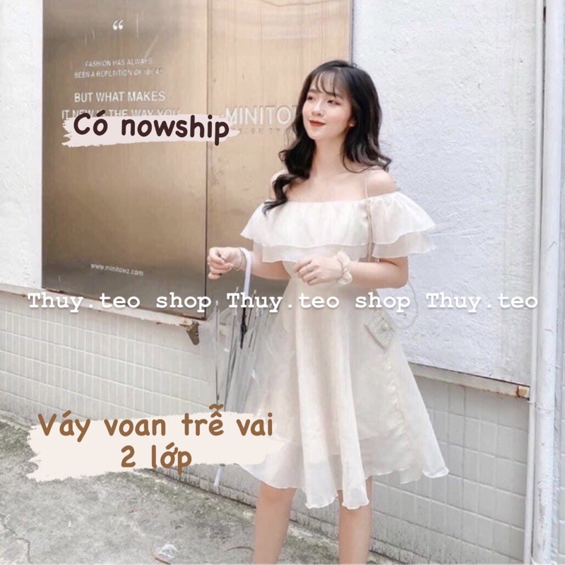 Váy đi tiệc tiểu thư trễ vai hai màu trắng be - Vát voan trễ vai đi tiệc sang chảnh | BigBuy360 - bigbuy360.vn