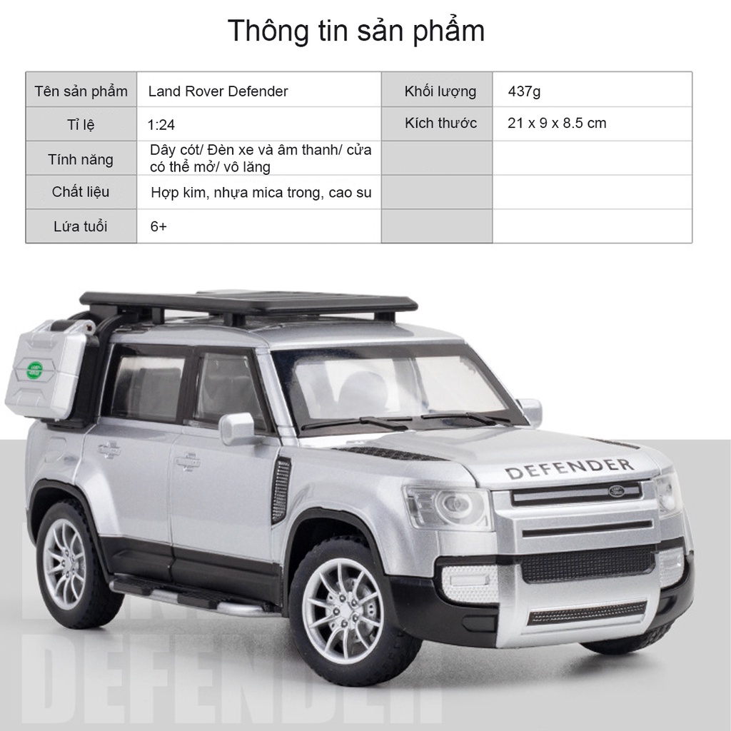 Mô hình xe Land Rover Defender tỷ lệ 1:24 thân xe hợp kim chắc chắn có đèn âm thanh