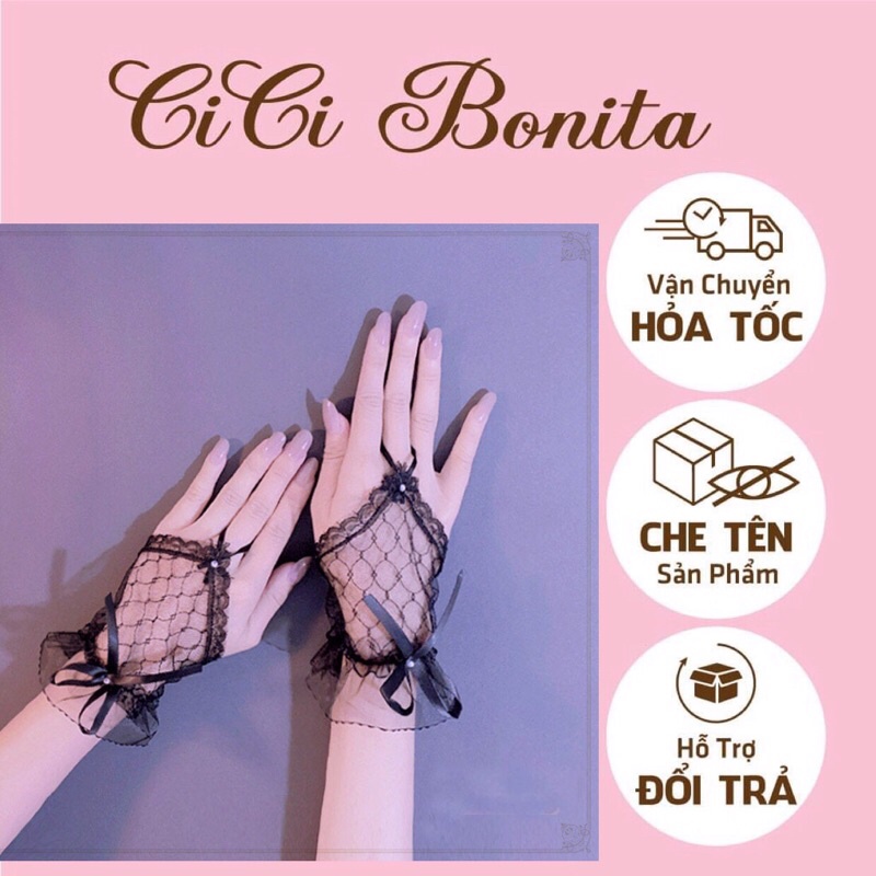 Găng tay lưới phối ren đính hạt phong cách Lolita dễ thương, phụ kiện đi tiệc, chụp ảnh CICI BONITA C350