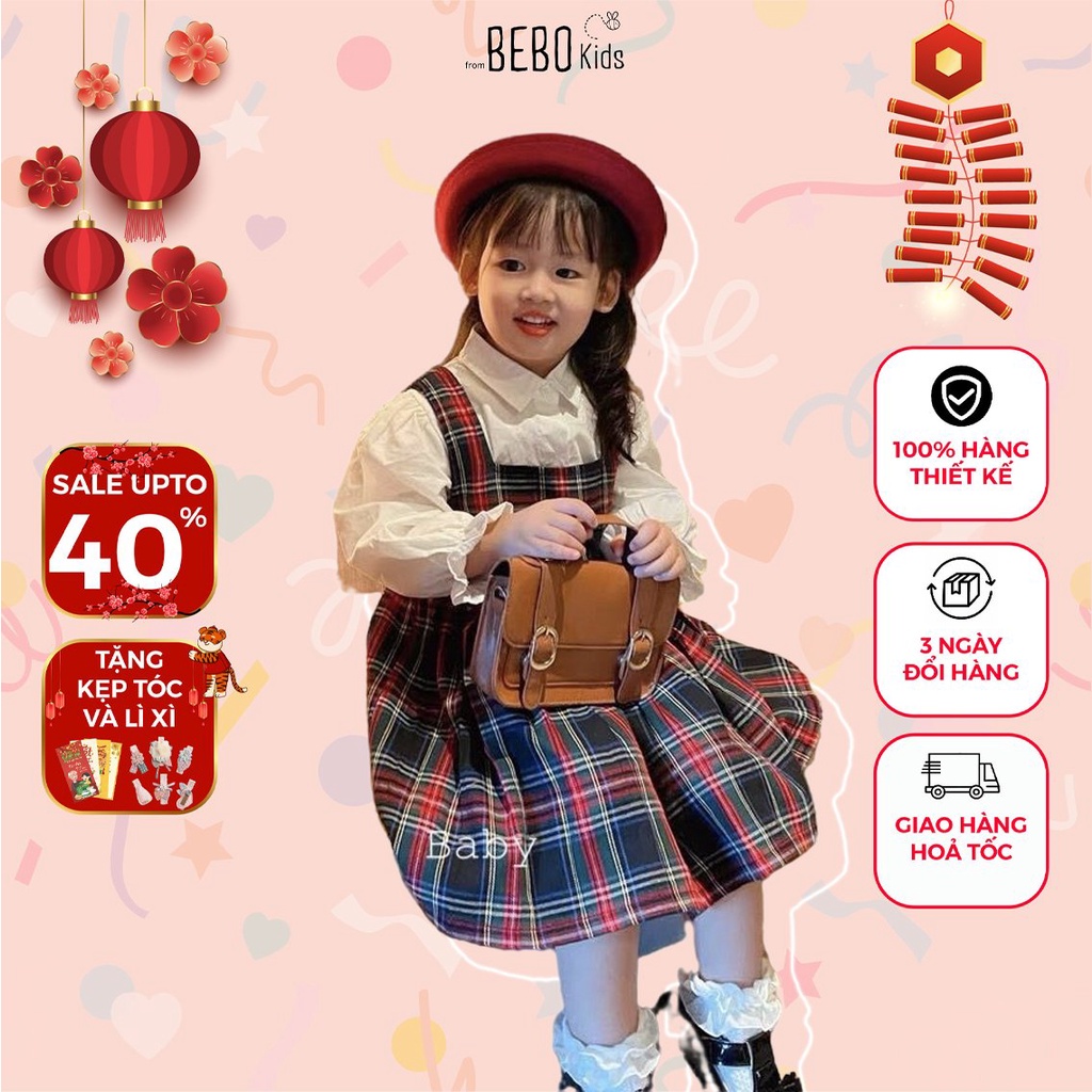 Set váy đầm cho bé gái thiết kế sơ mi phối váy yếm caro công chúa mùa xuân 10-22kg A10