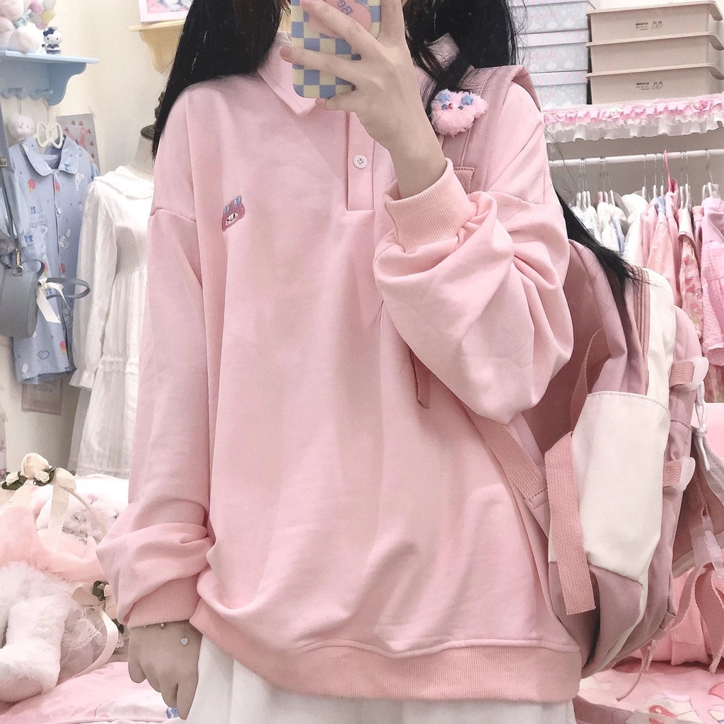 Áo Thun polo Có Cổ Thêu Họa Tiết Dễ Thương Phong Cách Nhật Bản Cho Nữ