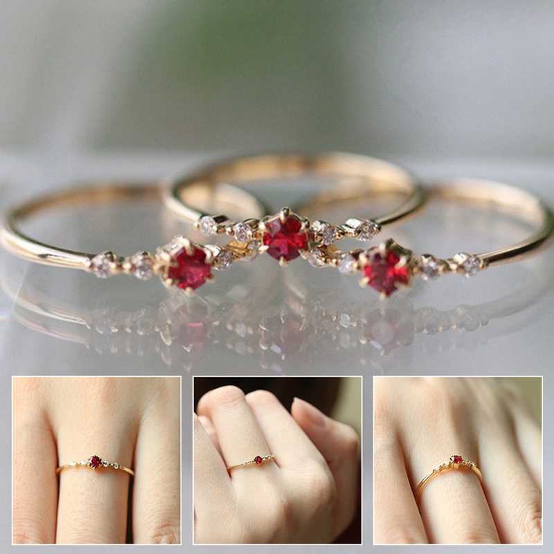 Women 18k Gold Rubine Diamond Ring Wedding Engagement Party Thin Rings