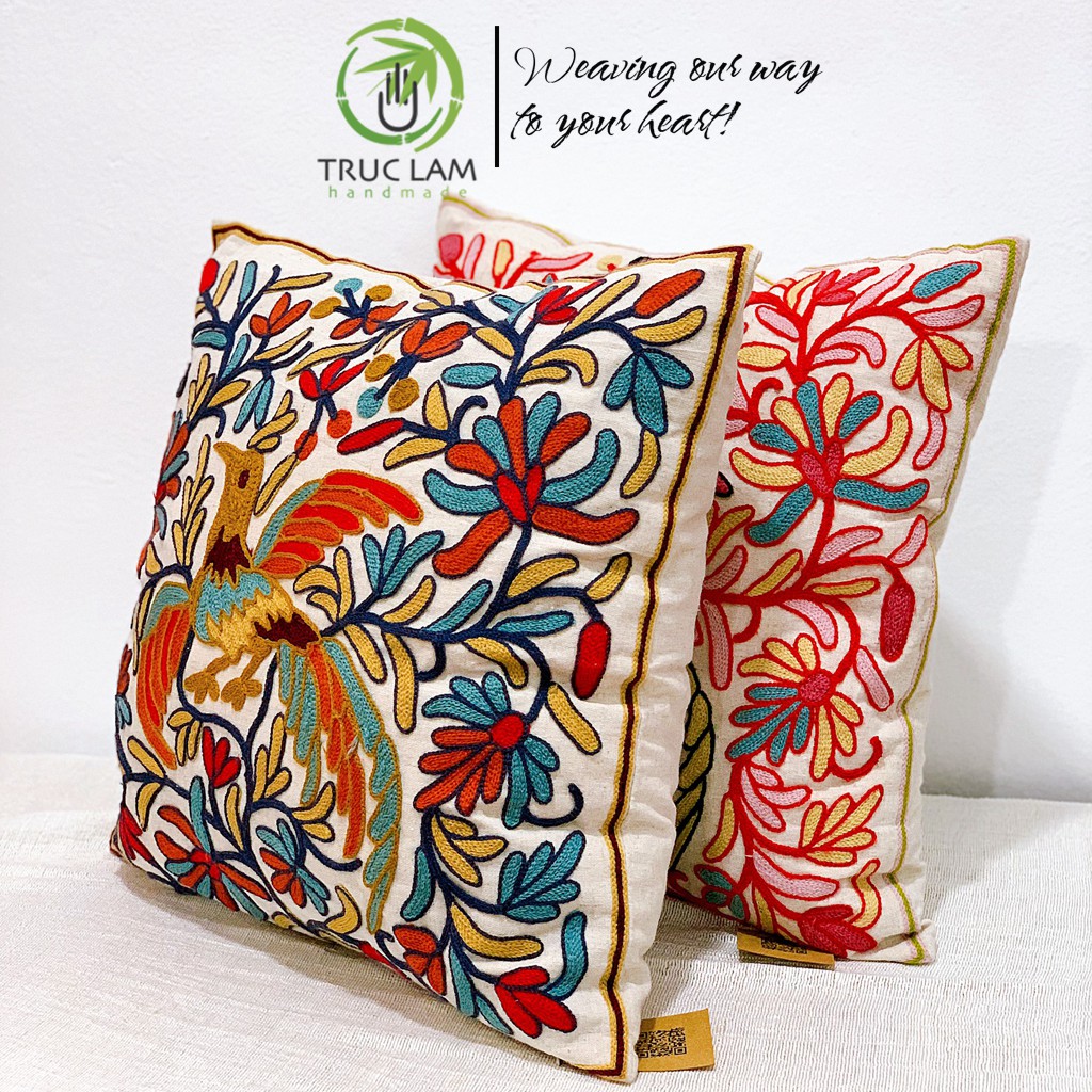 Gối/Vỏ Gối Vuông Tựa Lưng Sofa (45x45) Trang Trí Phòng Vải Linen Thêu Thủ Công Hình Con Chim – Trúc Lâm Handmade