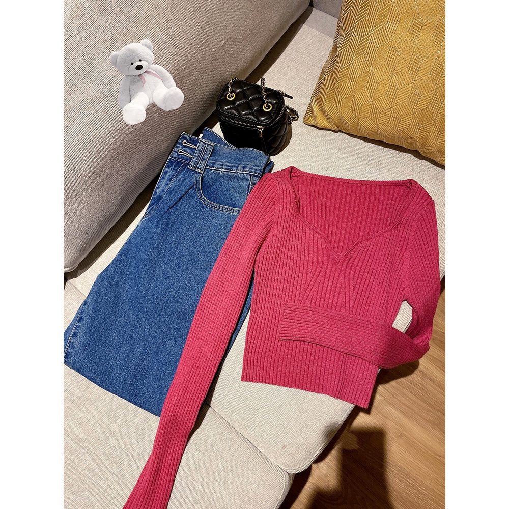 DUNEA Áo Sweater Mỏng Tay Dài Cổ Chữ V Dáng Ngắn Thời Trang Quyến Rũ Cho Nữ