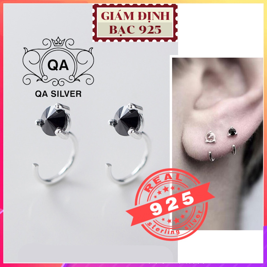 Khuyên tai bạc 925 nam nữ bông móc chữ C đính đá 3 chấu đen trắng S925 EARCUFF Silver Earrings QA SILVER EA180405