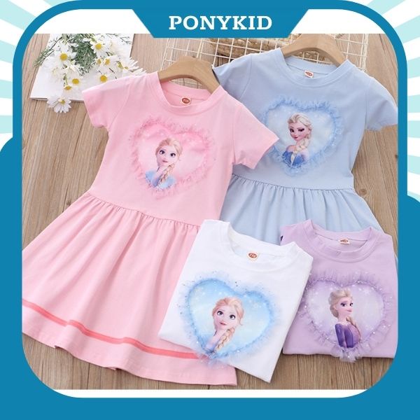 Váy ngắn tay chất cotton in hình công chúa Elsa lấp lánh cho bé gái