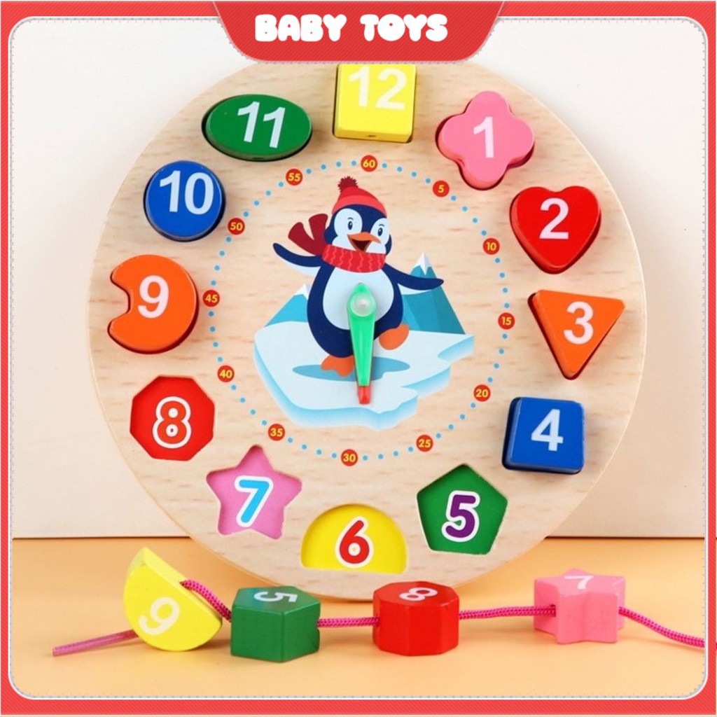 Đồ chơi giáo dục Đồng hồ gỗ thông minh cho bé học số, hình khối, xem giờ và màu sắc phân biệt hình khối và con số